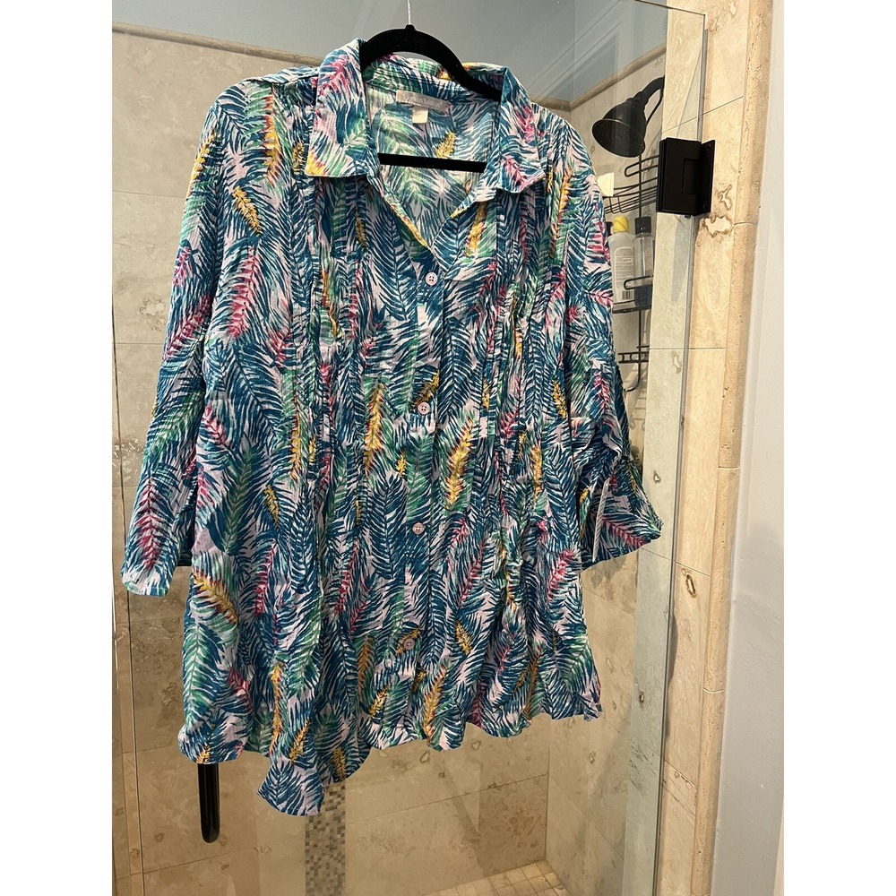 Woman Within Floral Gauzy Cotton Tunic Top Pink Blue 1X 22/24 30-3551-6